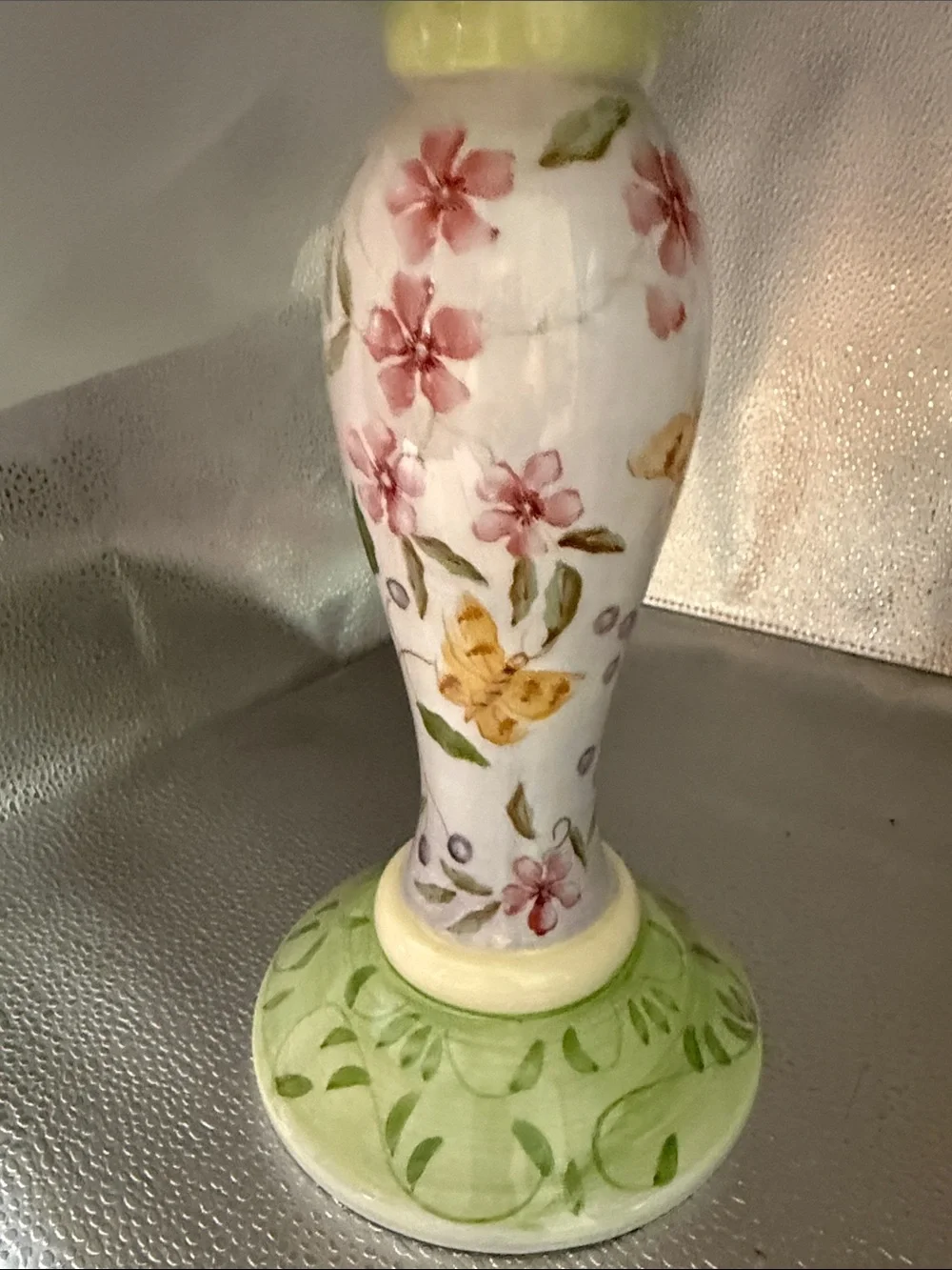 Floral and ButterflyCeramic Candle Hand Painted Pillar by Capiware